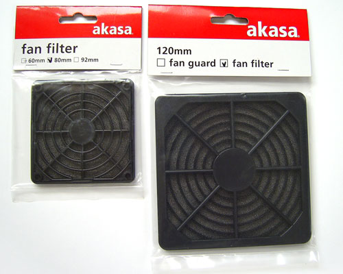 Akasa Fan Filters for 80mm and 120 mm case fans, packed in clear plastic bags