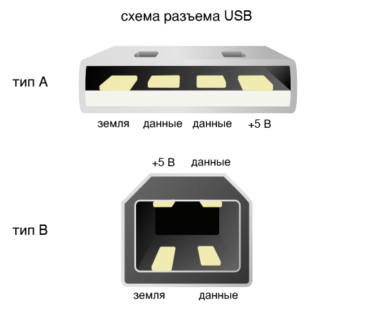 Схема USB разъемов типа A и B