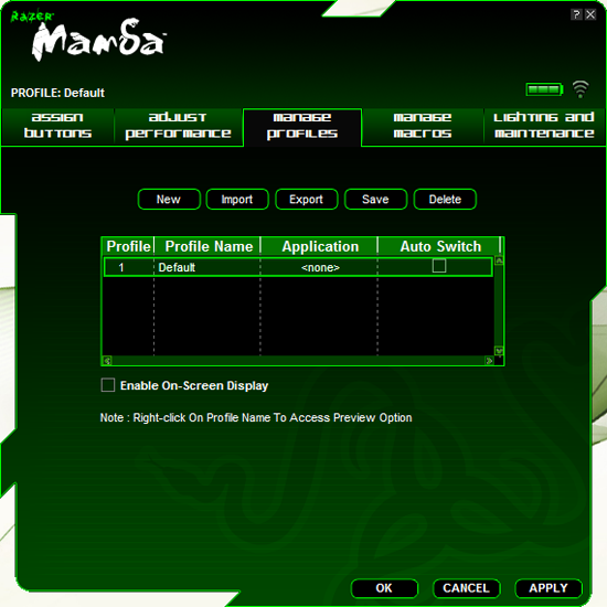 Управления профилями настроек Razer Mamba