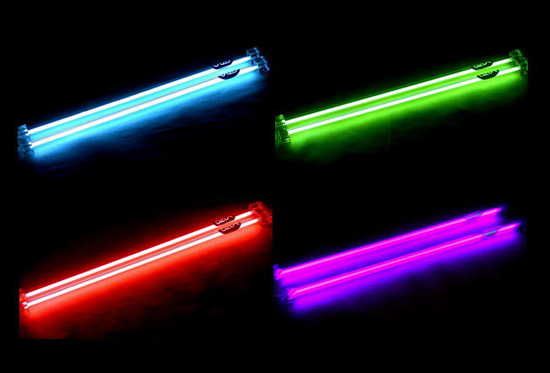 Примеры наборов ламп Vizo Cold Cathode Light в синем, зеленом, красном и ультрафиолетовом цветах