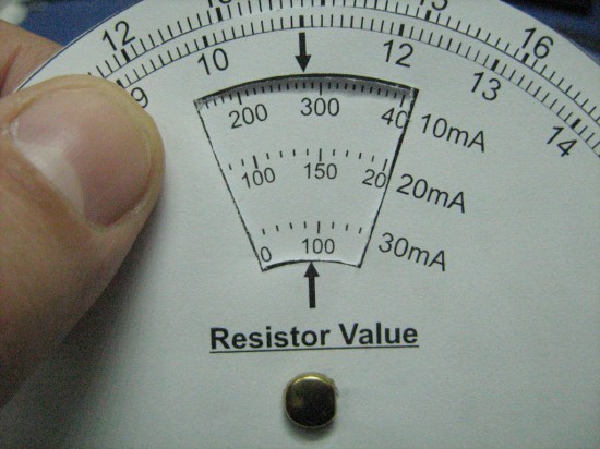 A close-up on the LED Resistor Selector Dial