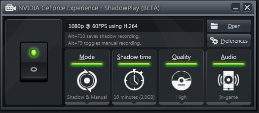 Скриншот панели управления NVIDIA ShadowPlay