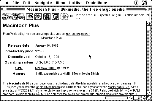 Скриншот браузера MacWeb 2.0 с открытой Википедией